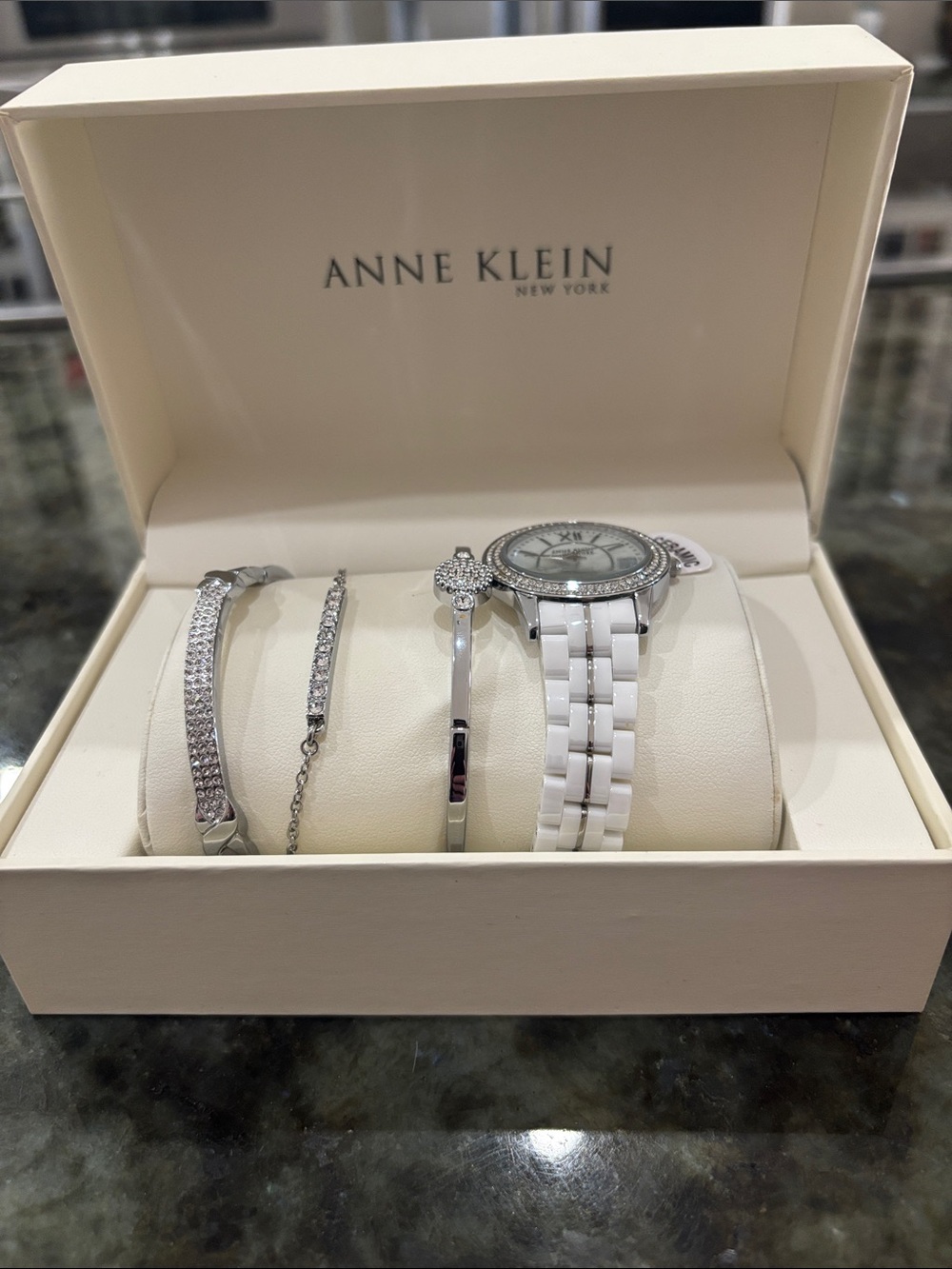 Anne Klein Silver and White Ceramic Watch with Three Silver Tone Bracelets